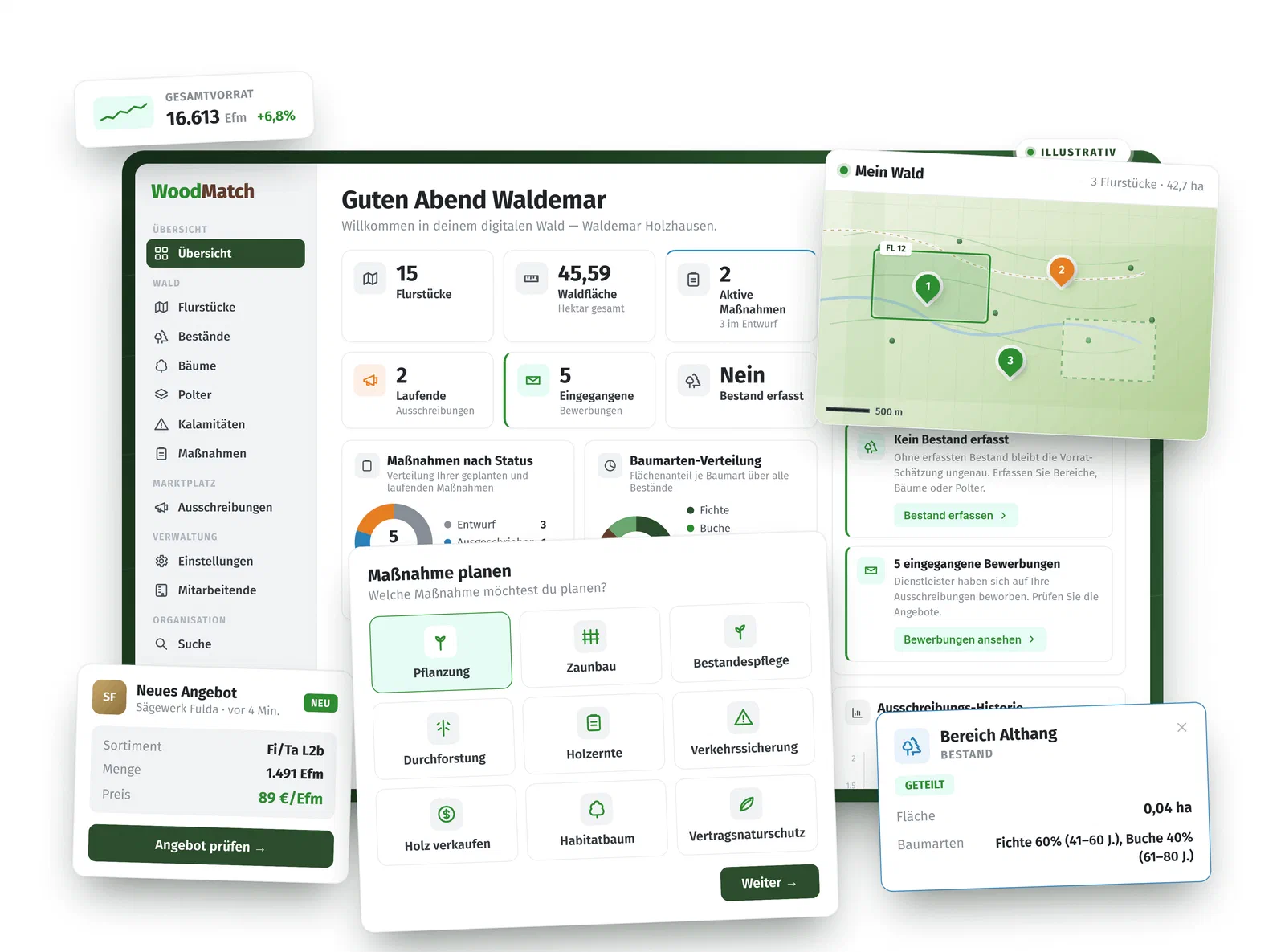 WoodMatch App-Vorschau: Mein Wald, Karte und Flurstücke